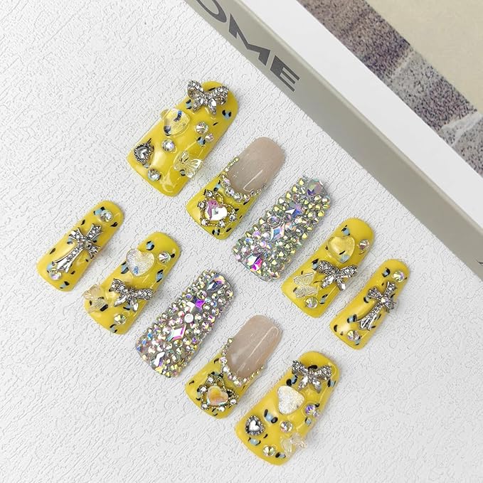 2025 Duck Nails Handmade PMMA Acrylic Medium Square Fake Nails with Rhinestones Love Star Design Reusable Full Coverage Duck Ladies Fake Nail (Yellow, L)