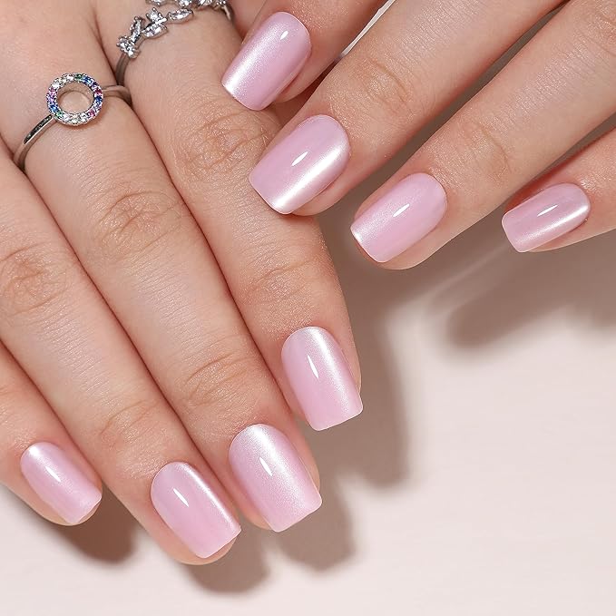 Pink Gel Press On Nails Square - Short Fake Nails With Glue, 16 Sizes, 32Pcs Reusable Soft Artificial Tips Kit