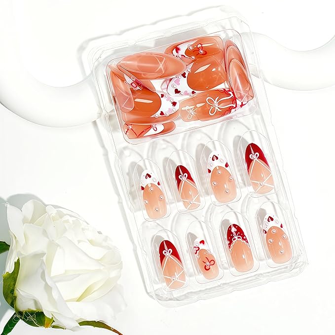 30Pcs Valentines Press on Nails Medium Almond Fake Nails with Pearl Rhinestones Designs Romantic Lips Heart False Nails Red White French Acrylic Nails Set Cute Pink Red Heart Stick on Nail for Women