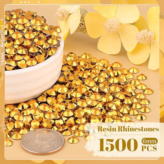 1500PCS 6mm Resin Rhinestones Bulk for Crafting (Copper Gold), Flatback Bedazzling Crystals for Crafts DIY Nail Decoration, Gems Charms for Tumbler Shoes Clothing Fabric with Pickup Pen and Tweezers