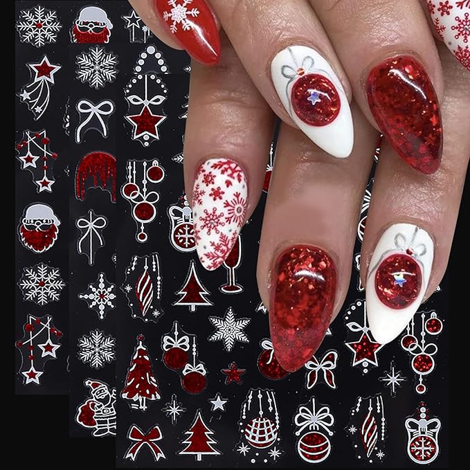 Christmas Holiday Nail Art Stickers 16PCS 3D Santa Claus Deer Decals for Nail Art Seasonal Fingernail Designs White Snowflake Gingerbread Man Self-Adhesive Manicure Decorations Accessories for Women