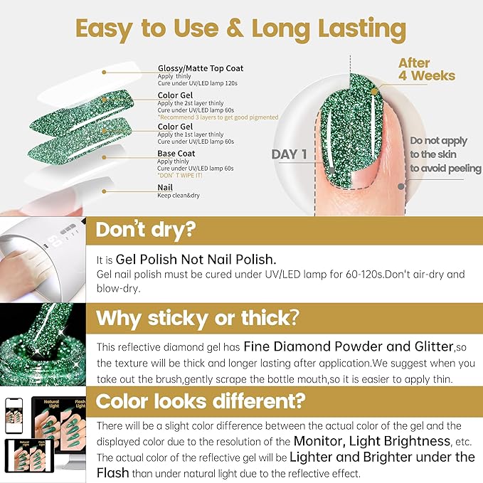 YTD Likomey Gel Nail Polish,Reflective Glitter 15ml Green Flash Diamond Shimmer Gel,Sparkly ShinB0CG69PNJ8y Salon Home Fall Winter Manicure UV Color Varnish,SZ002