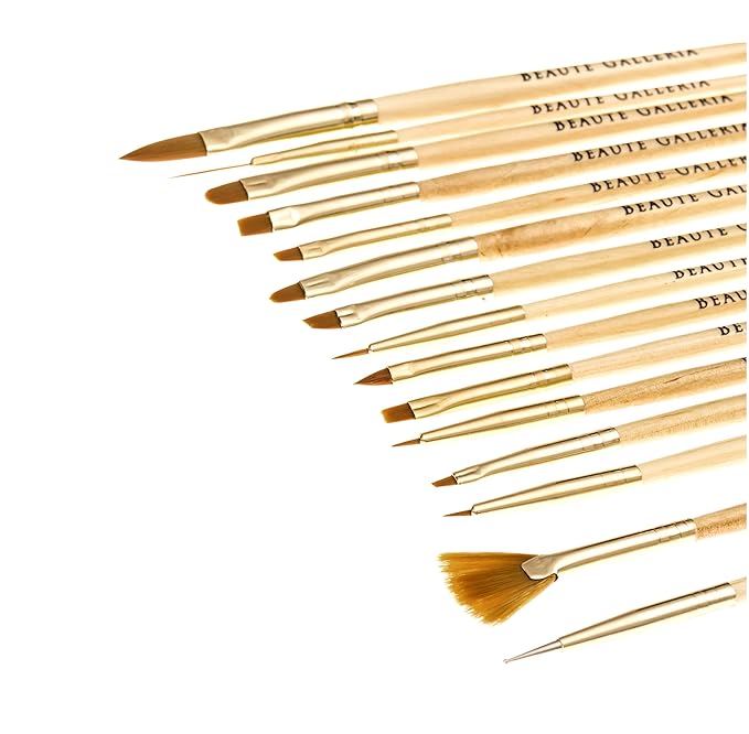 Beaute Galleria 15 Pieces Nail Art Brush Set for Detailing, Striping, Blending, One-Stroke Nail Art with Gel Brushes, Painting Brushes, 3D Brush, Dotting Tool, Fan Brush and Liner