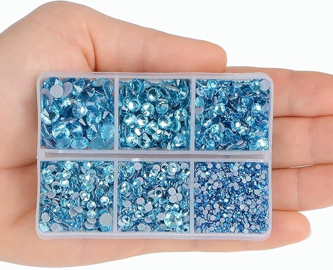 4000pcs Mixed Size Hot Fix Round Crystals Gems Glass Stones Hotfix Flat Back Rhinestones (Aquamarine)