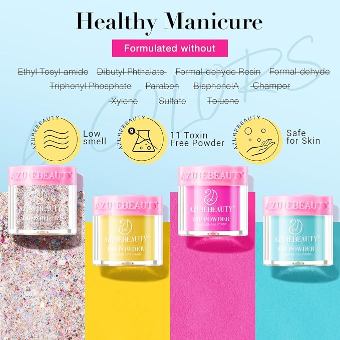 AZUREBEAUTY Dip Powder Nail Kit Starter, 4 Colors Pink Yellow Blue Glitter Dipping Powder Liquid Set Recycling Tray with Base & Top Coat Activator for French Fingernail Art Manicure Salon DIY at Home