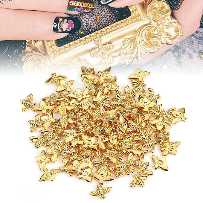 3D Nail Art Accessories, 100pcs Metal Bees Nail 3D Nail Art Decoration Gold Alloy Nail Charming Stickers Gold Nail Decals Manicure DIY Nail Art Supplies(Gold (100 pieces))
