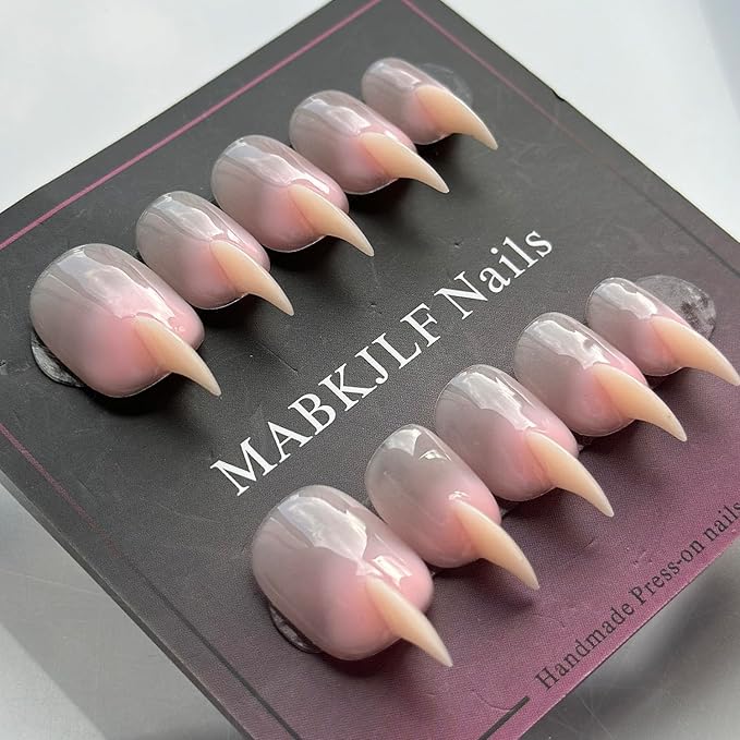 Halloween Press on Nails Luxury Short Stiletto Handmade Cat Claw Unique Reusable ABS Material Pink Fake Nails Eagle Claw False Nails Gradient Glossy Glue on Nail Curved Thick Acrylic Nail(S)