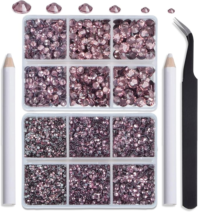NCB Hotfix Iron on 8000pcs Crystal Rhinestones Round Gem for Crafts Decoration DIY Jewelry Making with a Tweezers and 2 Picking pens (Lt. Amethyst, 6Sizes SS4-SS30)