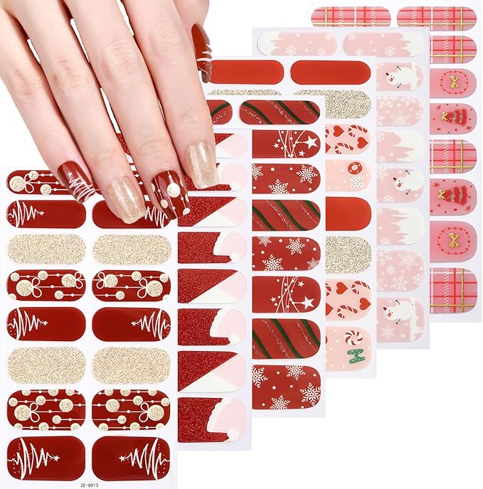 6 Sheets Christmas Nail Wraps Full Stickers Glow in The Darkness Nail Polish Strips, DIY Self-Adhesive Nail Art Santa Hat Xmas Tree Snowflakes with 5 Pieces Nail Files for Party Decor (96 Pieces)