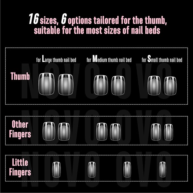 NOVO OVO Short Square Round Nail Tips, Extra Thick Full Cover False Fake Nails Press on, Soft Gel Clear Surface Matte Inside, for Manicure Salon DIY French Tip Acrylic Extension x 15 Sizes 240 pcs