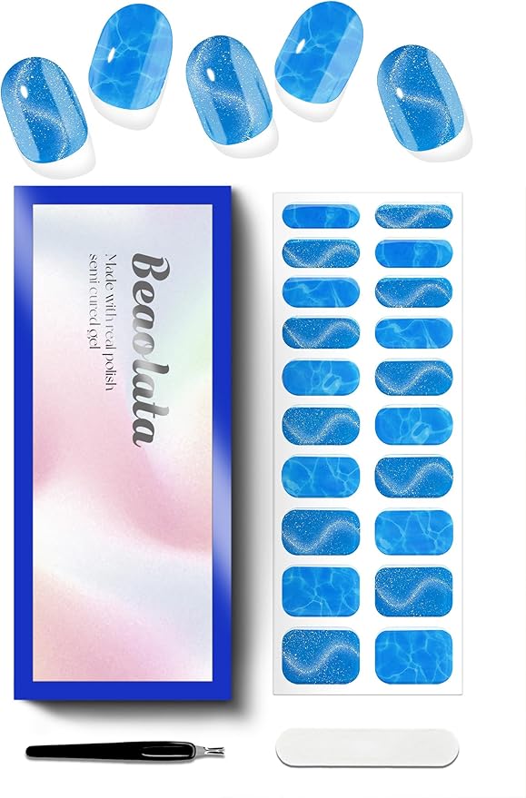 Semi Cured Gel Nail Strips - UV Light Gel Nail Stickers - 20 Long Lasting Salon Quality Wraps (Ocean Blue)
