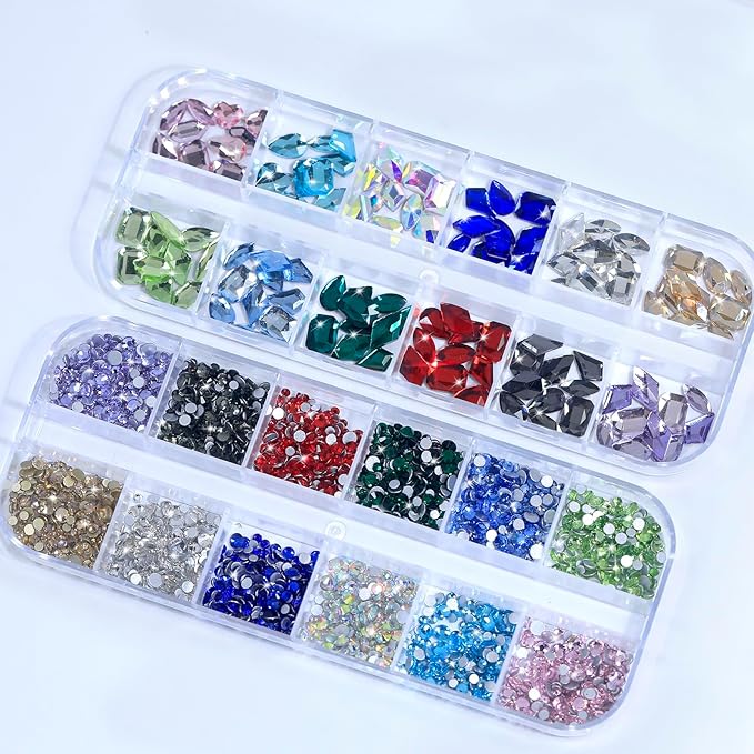 Nail Rhinestones - 3D Multiple Shapes Colorful, Crystals Gem, Round Flatback Rhinestones for Nails, with Kit, for Nail Art
