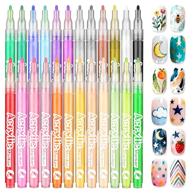 24 Colors Nail Art Pen Set,3D Acrylic Nails Art Markers Pens,Quick Dry Nail Doodle Pens for Home & Salon DIY Nail Art （1.0 mm Pen Nib）