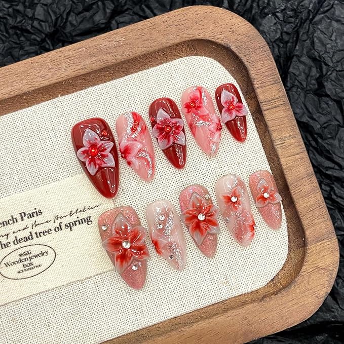 Flower Press on Nails Medium Almond Glitter Fake Nails 3D Luxury Floral Rhinestones Embossed Designs Handmade Press on Nails Muti-Layer Gel Thick False Nails Red Gradient Acrylic Nails (Size S)