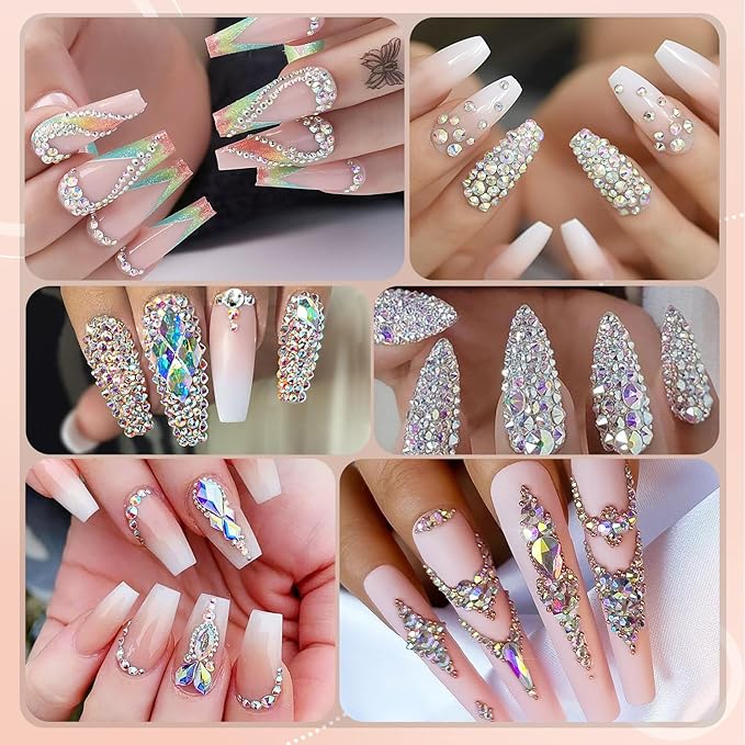 BELLEBOOST Nail Art Rhinestone Kit, 15ml Rhinestone Gel Glue+Colorful Gems+Flatback Glass Crystal AB&Clear Gemstones with Pickup Tools for Bedazzling Nail and Face Makeup