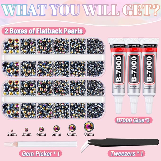 Flatback Pearls for Crafting with 3Pcs 10ml B7000 Jewelry Glue, 2 Boxes of Half Round Black AB Pearls, Bedazzling Beads for DIY Crafts Clothing Tumblers Shoes Embellishment Nail Art