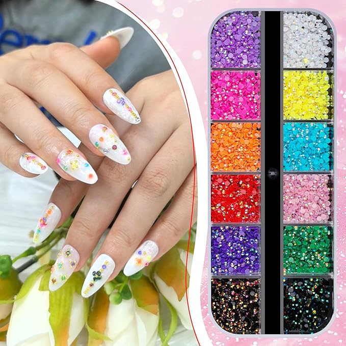 3D Mini Small Metal Stainless Steel Caviar Nail Beads Balls, 0.8-3mm Gold Silver Alloy Nail Art Chain Charms Studs with Tweezers and Dual-end Brush (8-K1-2mm-jelly)