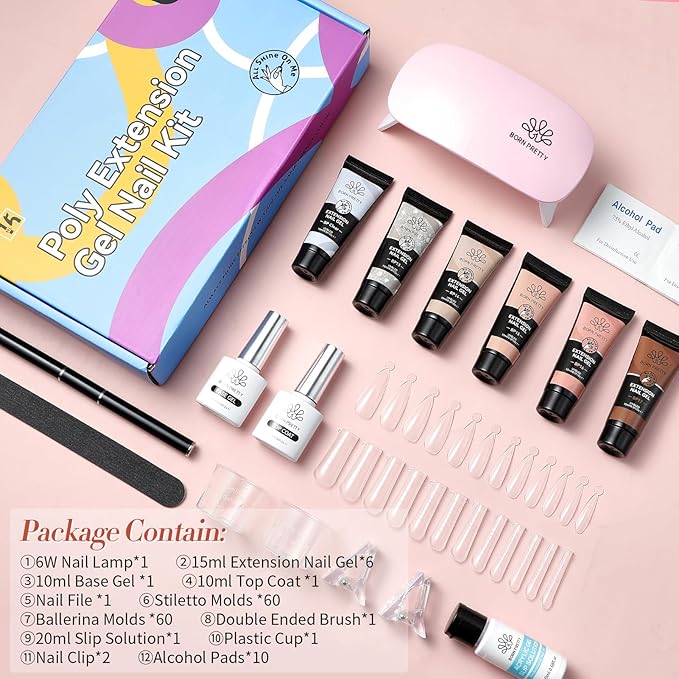 BORN PRETTY Extension Nail Gel Kit-6 Colors Gel Kit Nude Clear Jelly All-In-1 Set Builder Glue with U V Lamp Base Top Coat Set Forms French Manicure Set for Beginner