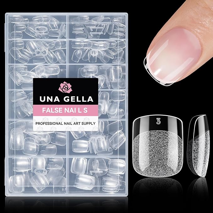 UNA GELLA Extra Short Square Oval Nail Tips 216pcs Pre-shaped Half Matte Square Round Gel Nail Tips Full Cover Squoval Clear Acrylic Fake Nails for Press on Nail Extensions Home DIY Salon 12 Sizes