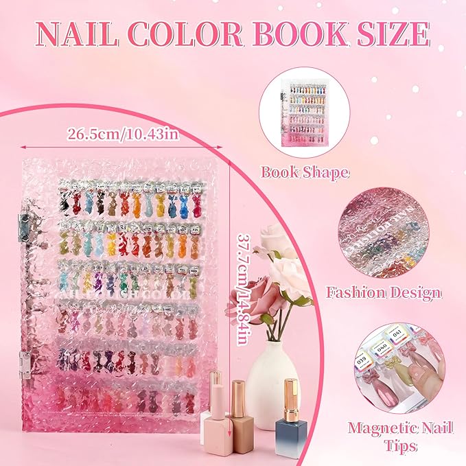 Magnetic Nail Swatch Book, 144 Nail Color Display Book Organizer with 144 Magnetic Tips & 1-189 Number Labels, Professional Salon Nails Color Chart for Nail Polish Nails Art Design(Pink)