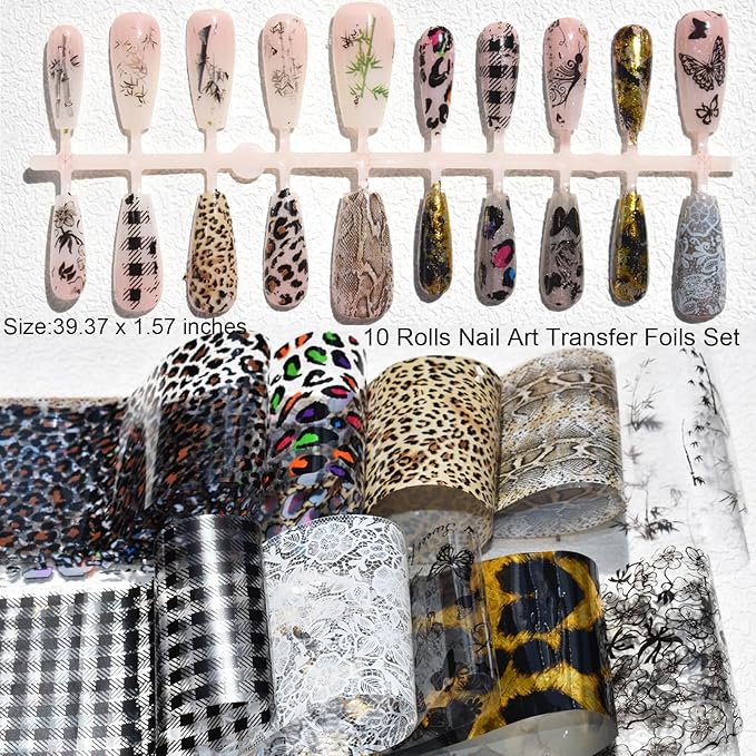 Nail Art Transfer Foils Set, 10 Designs, Animal Print and White and Black Flower Patterns,Holographic Stickers for DIY Acrylic Nails Manicure Decoration 39.37 x 1.57 inches (10)