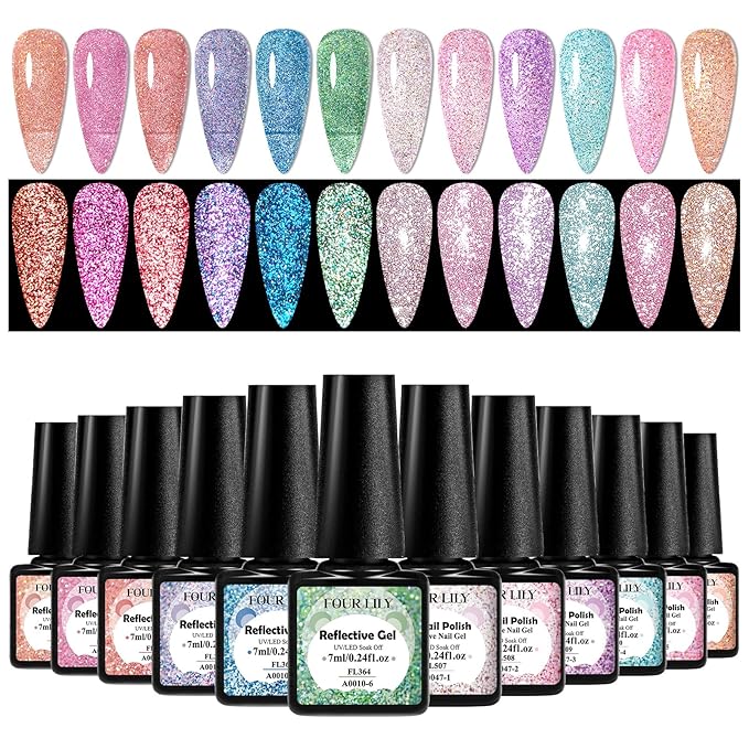 Reflective Glitter Gel Polish 12 Colors Sparkle Gel Nail Polish Set Diamond Shine Pink Purple Red Holographic Glitter Gel Soak off Uv LED Manicure Gifts for Women