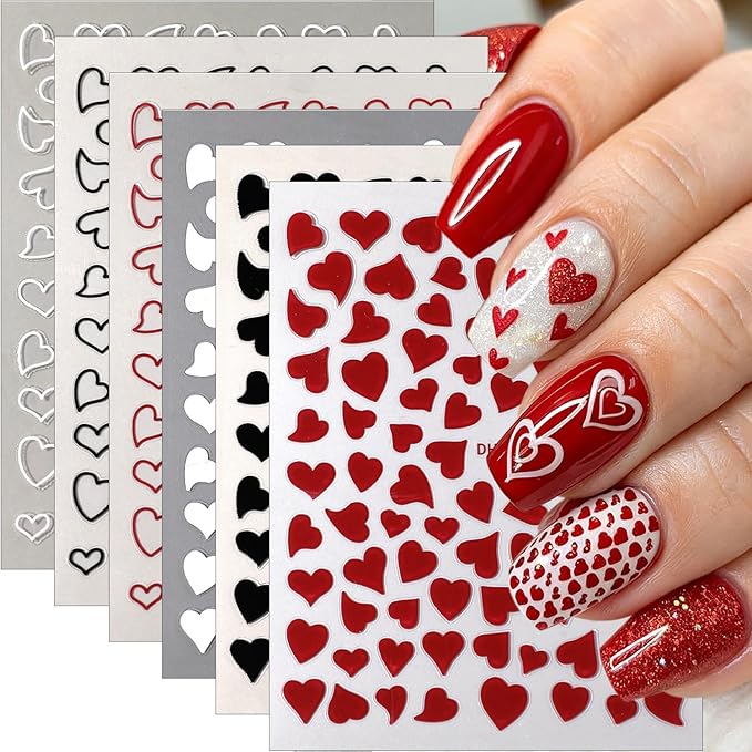 6Sheets Valentines Nail Stickers 3D Irregular Hollow Out Love Heart Nail Art Stickers Self Adhesive Romantic Valentines Nail Decals Colorful Heart Nail Decorations Supplies for Women DIY Manicure