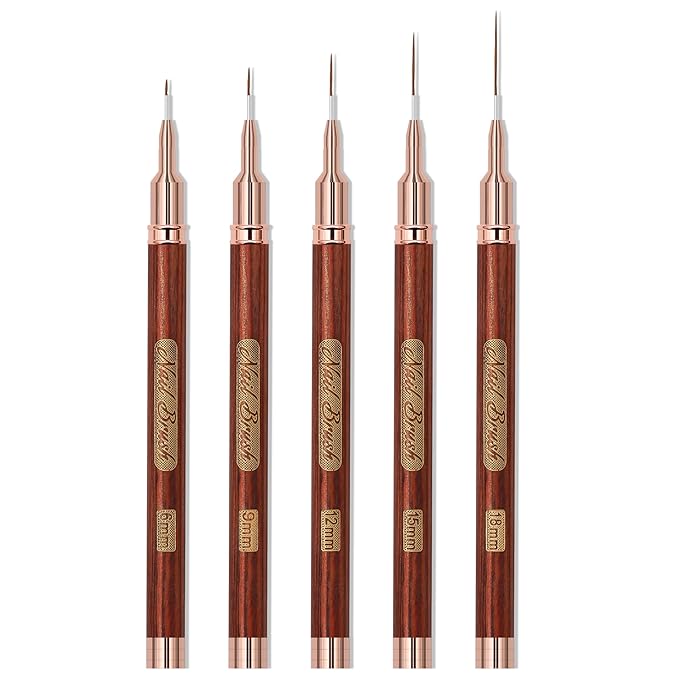 Wooden Nail Art Brushes, 5Pcs Nail Art Liner Brushes, Painting Art Design Brush Set Nail Dotting Drawing Tool for Long Lines, Thin Details, Fine Drawing Sizes 6/9/12/15/18mm, Rose gold