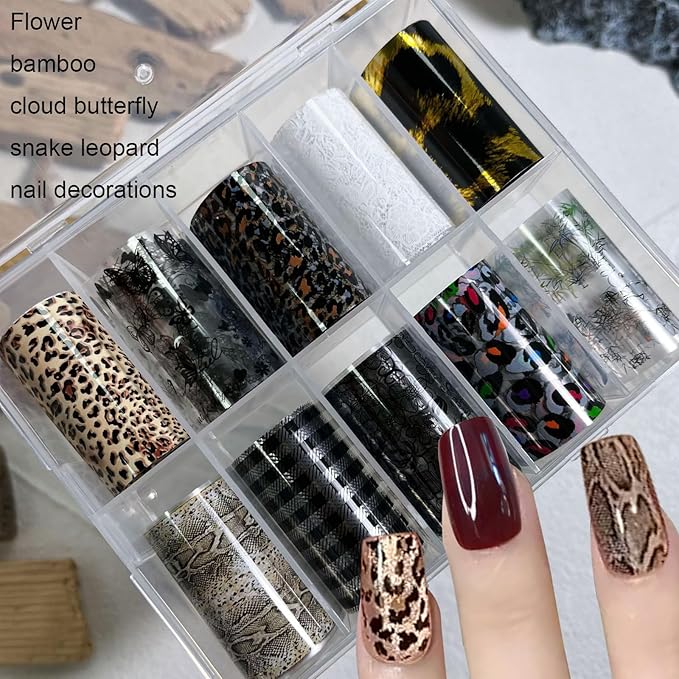 Nail Art Transfer Foils Set, 10 Designs, Animal Print and White and Black Flower Patterns,Holographic Stickers for DIY Acrylic Nails Manicure Decoration 39.37 x 1.57 inches (10)