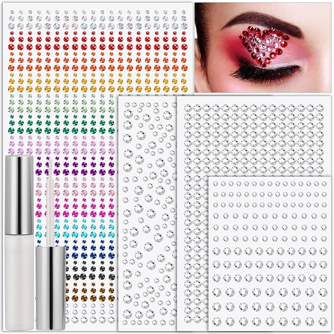 Face Glue with Eye Gems Stickers, 1702 Pieces Self Adhesive Rhinestones Stick on Face Jewels Hair Gems for Face Body Rhinestones for Nail Art Makeup Crafts