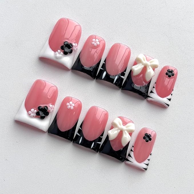 French Tip Press on Nails Handmade Short Duck 3D Thick Acrylic Nails Elegant False Nails with Flower Bow Designs Black&White Glossy Fake Nail White Sturdy Art Press on Nail 10Pcs(S)