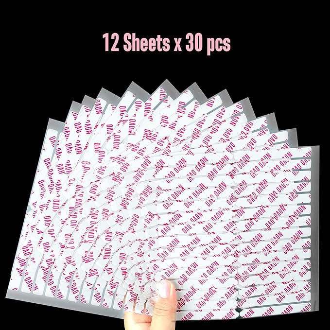 NOVO OVO 360 pcs EASY TEAR Adhesive Tabs for Press on Nails Display, Clear Removable Double Sided Gel Glue Mounting Sticky Tape for Nail Art/Packaging/Storage/Practice/Supplies 30 pc x 12 sheets