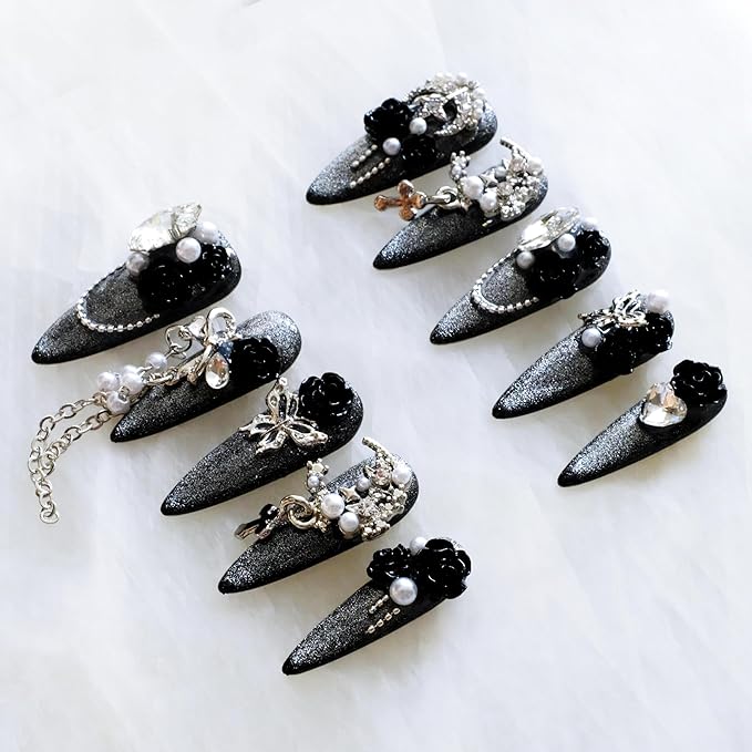 Luxury Long Stiletto Press-On Nails, 3D Black Roses with Silver Glitter, Pearl and Rhinestone Decorations, Handmade False Nail 10 Pieces (Small, LS)