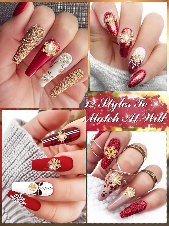 72 Pcs Christmas Snowflake Nail Charms, Kalolary 3D Glitters Nail Rhinestones with Gem Crystals Jewelry for Christmas Holiday Nail Art Decoration