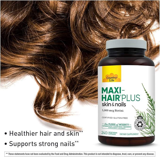 Country Life, Maxi-Hair Plus Biotin, Supports Healthy Hair, Skin and Nails, Daily Supplement, 240 ct