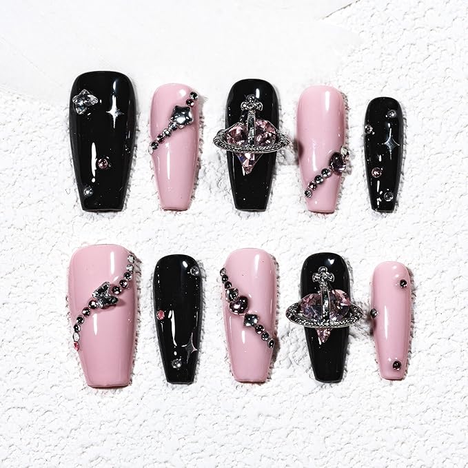 Sun&Beam Nails Handmade Press-on Medium Long Coffin Ballerina Pink Black Y2K Trendy Minimalist Design Fashion False Nail Tips 10 Pcs Set (#244 L)