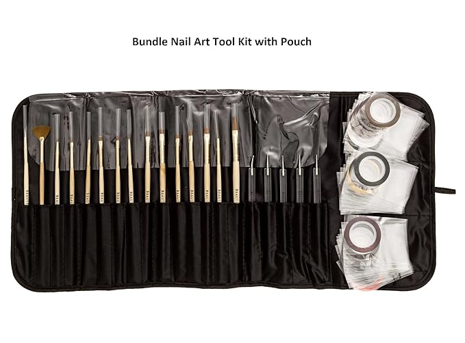 Beaute Galleria Bundle 50 Pieces Nail Art Tool Kit with Pouch - 5 Pieces Dotting Tool Marbleizing Pen (10 Sizes), 15 Pieces Acrylic Gel Detailing Painting Brushes Liners, 30 Pieces Striping Tapes