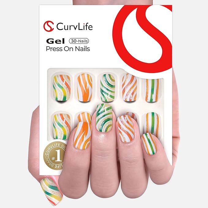 Curvlife Press on Nails with Colored Glass Design Full Cover Fake Nails for Women Reusable Nail Kit with Nail Glue Adhesive Tabs