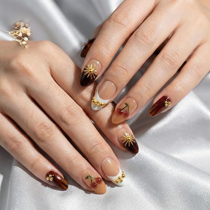 Almond Press on Nails Medium Fake Nails Red Artificial Nail Seeneey Cherry Gold Charm Designs Brown Stick on Nail for Women 24pcs