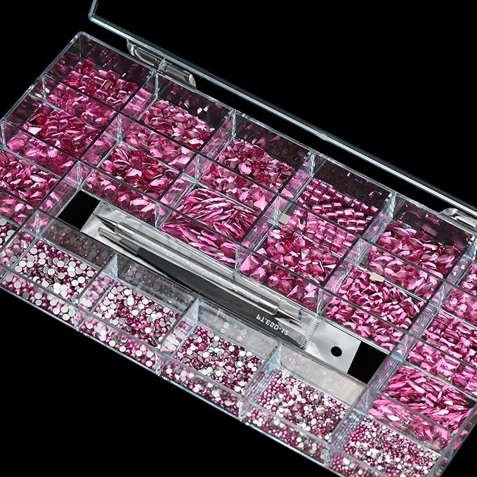 14 Types of 700 Rose Pink Diamonds + 2100 Flat Rhinestones Mix 20 Styles Flatback DIY Crafts Rhinestone Crystals 3D Ornament‌s Flat Back Stones Set + Tweezers + Drill Pen