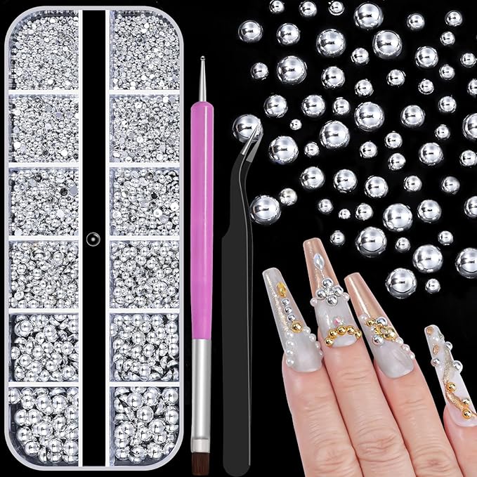 2160 Pcs Resin Half Round Pearls Kit, Mixed Sizes Flatback Silver Pearls, 3D Nail Decorations Pearls with Tweezers and Dual-end Brush for 3D Nail Crafts DIY, Face Makeup Gems Jewels(29-K1-2)