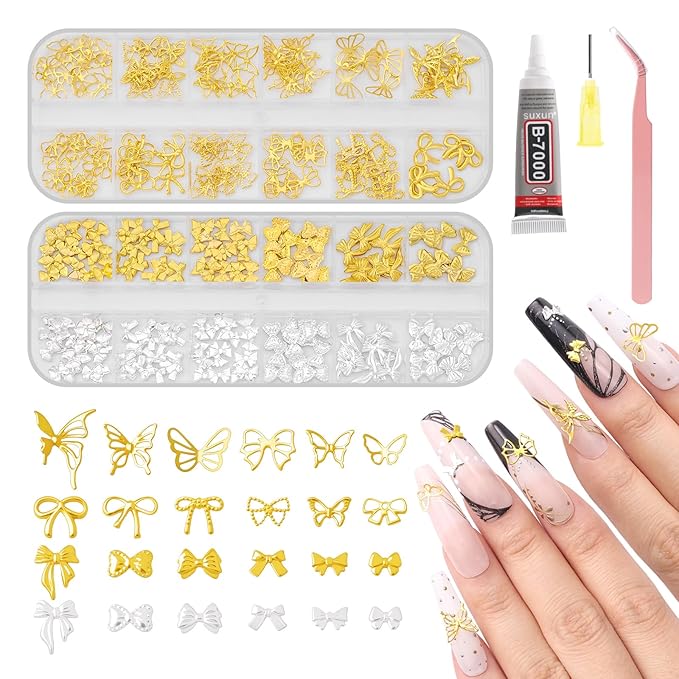 MelodySusie 3D Nail Charms and Gems, 2 Acrylic Boxes Bowknot Golden Silver Alloy Butterfly Bow Nail Art Studs With Tweezer for Y2K Manicure Nails Design Supplies DIY Crafts Decoration