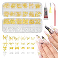 MelodySusie 3D Nail Charms and Gems, 2 Acrylic Boxes Bowknot Golden Silver Alloy Butterfly Bow Nail Art Studs With Tweezer for Y2K Manicure Nails Design Supplies DIY Crafts Decoration