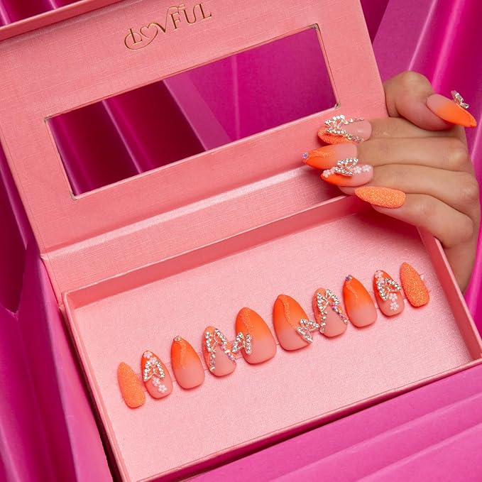 LOVFUL Press on Nails Citrus Bloom | Handmade with Full Covered Crystals | Reusable Fake Nails | Almond Regular 1.0 in | H209-M