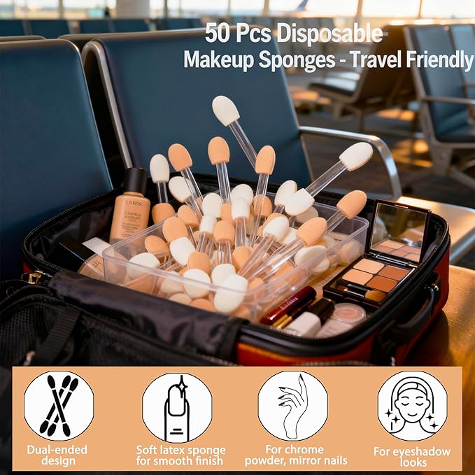 White 50PCS Chrome Nail Powder Applicators & Nail Dust Brush, Dual-Ended Chrome Powder Applicator for Nails, Soft Latex Sponge Eyeshadow Applicators for Mirror and Glitter Effects