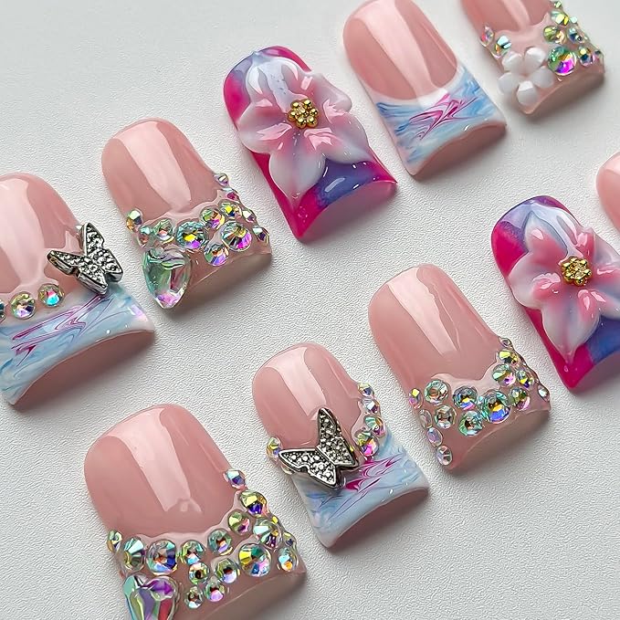 Luxury Press on Nails Short Duck Handmade 3D Unique Reusable ABS Material Fake Nails French Tip False Nails with Designs Flower Butterfly Blue Pink Glossy Glue on Nail Thick Acrylic Nail(S)