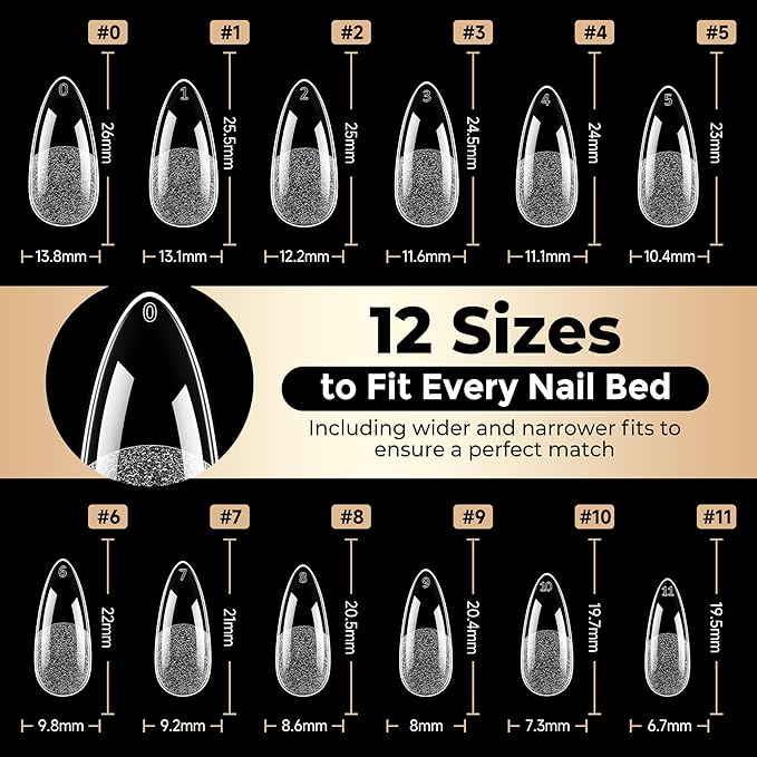 Medium Almond Nail Tips, 504pcs Soft Gel Pre-Filed Acrylic Almond Fake Nails, Half Matte Full Cover Clear Press on Flase Nail Tips for Nail Extension Home DIY 12 Sizes