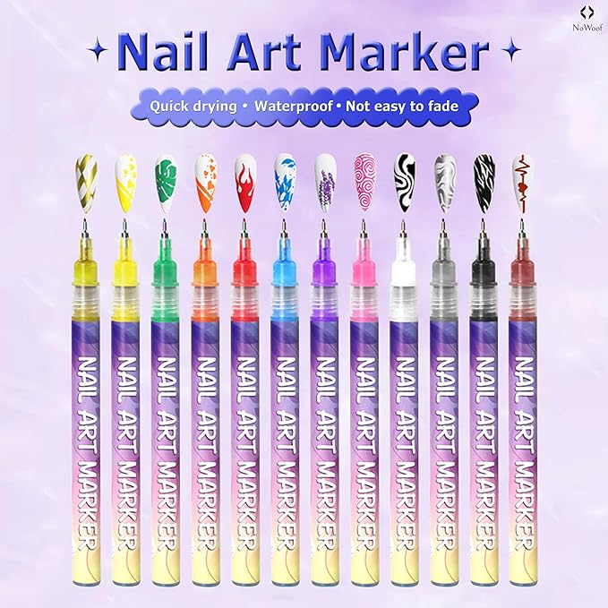 12 Colors Nail Art Pens Set – 0.5mm Fine Tip Nail Art Markers & Quick-Dry Nail Polish Pens for DIY Nail Art, Manicure, Salon Drawing, Dotting & Painting (12 PCS)