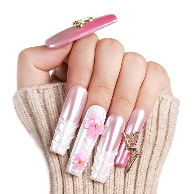 LOVFUL Mid Length Press on Nails Blossom Aura | Handmade Acrylic Press ons | Reusable Fake False Nails | Square Mid Length 1.7 in | H322-S