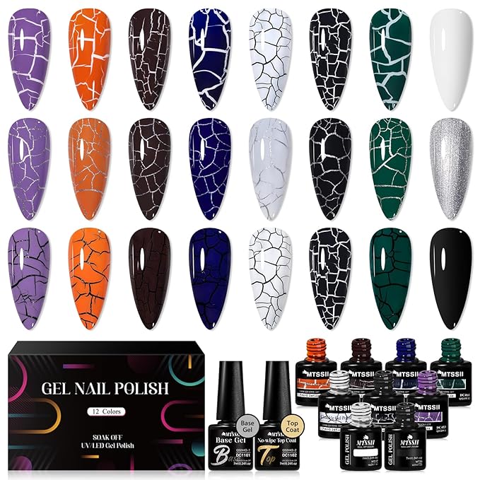 MTSSII 12pc Crackle Gel Nail Polish Set - 7 Colors, White, Silver, Black + Quick Dry Nail Art Kit